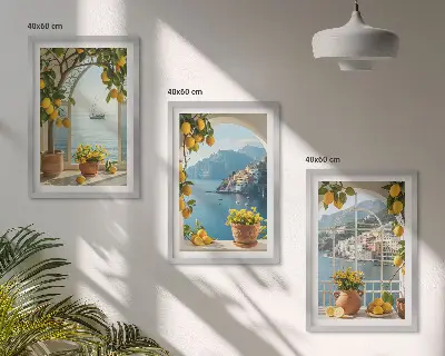 Composizione di quadri con limoni e fiori in stile mediterraneo