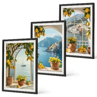 Composizione di quadri con limoni e fiori in stile mediterraneo