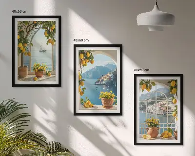 Composizione di quadri con limoni e fiori in stile mediterraneo