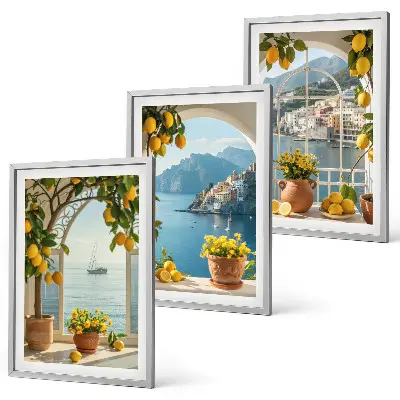 Composizione di quadri con limoni e fiori in stile mediterraneo