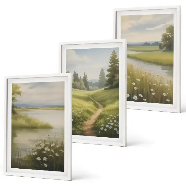 Set di quadri incorniciati paesaggio primaverile con fiume e prato