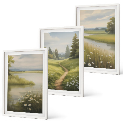 Set di quadri incorniciati Paesaggio primaverile, fiume e prato
