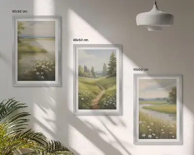 Set di quadri incorniciati paesaggio primaverile con fiume e prato