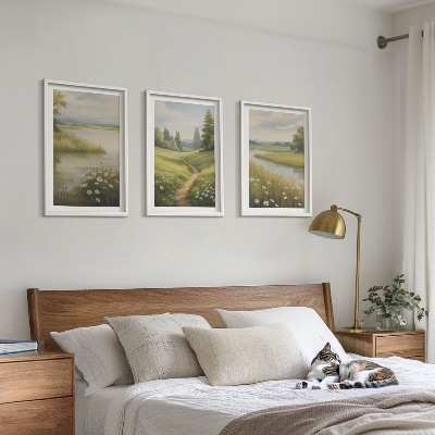 Set di quadri incorniciati Paesaggio primaverile, fiume e prato
