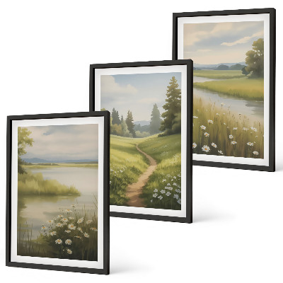 Set di quadri incorniciati Paesaggio primaverile, fiume e prato