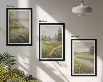 Set di quadri incorniciati paesaggio primaverile con fiume e prato