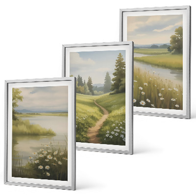 Set di quadri incorniciati Paesaggio primaverile, fiume e prato