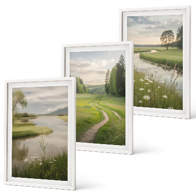 Set di 3 quadri Paesaggi estivi, fiume, prato fiorito