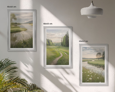 Set di 3 quadri Paesaggi estivi, fiume, prato fiorito
