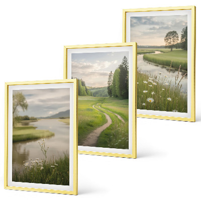 Set di 3 quadri Paesaggi estivi, fiume, prato fiorito