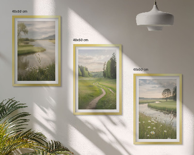 Set di 3 quadri Paesaggi estivi, fiume, prato fiorito