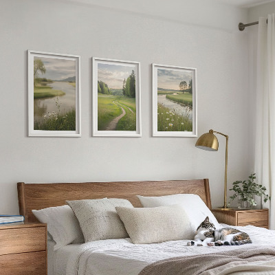 Set di 3 quadri Paesaggi estivi, fiume, prato fiorito