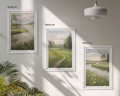 Set di 3 quadri Paesaggi estivi, fiume, prato fiorito