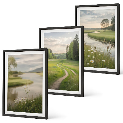 Set di 3 quadri Paesaggi estivi, fiume, prato fiorito