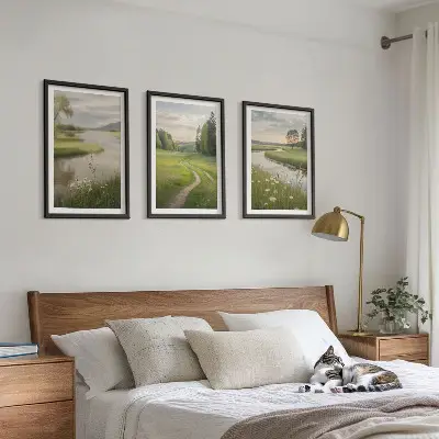 Set di 3 quadri con paesaggi estivi, fiume e prato fiorito
