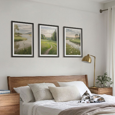 Set di 3 quadri Paesaggi estivi, fiume, prato fiorito