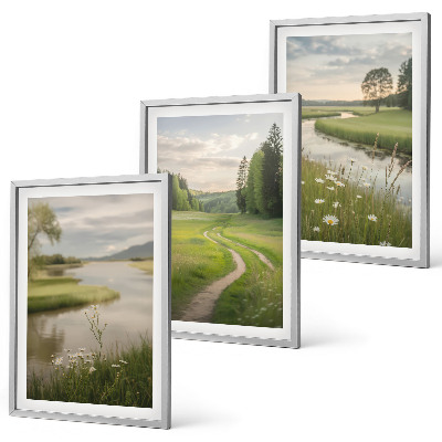 Set di 3 quadri Paesaggi estivi, fiume, prato fiorito