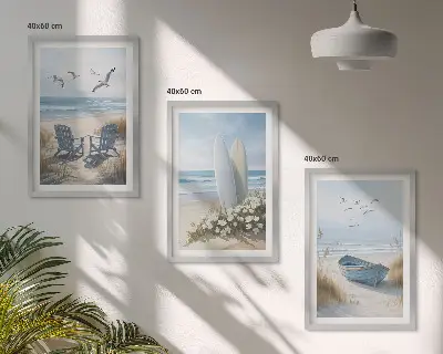 Set di quadri incorniciati con stampa di spiaggia, tavole da surf e uccelli