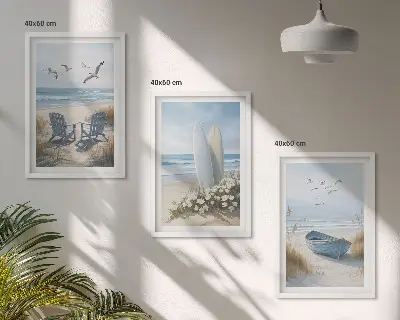 Set di quadri incorniciati con stampa di spiaggia, tavole da surf e uccelli