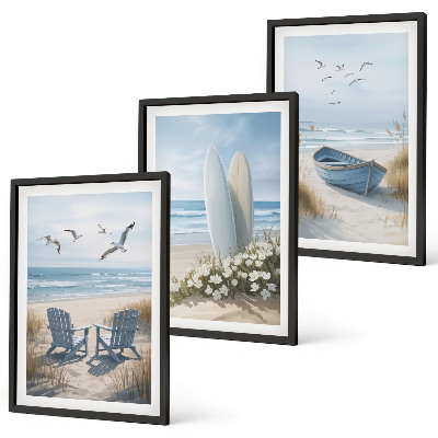 Set di quadri incorniciati Spiaggia tavole da surf uccelli