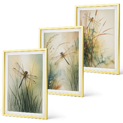 Set di 3 quadri Erbe che crescono sulle rive del fiume a causa delle libellule.