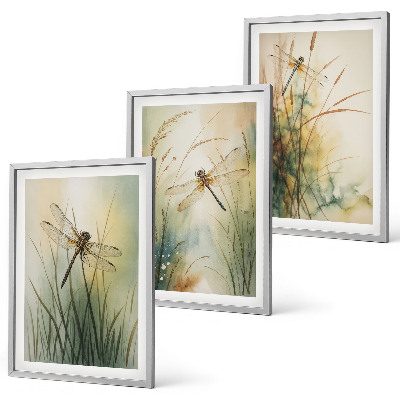 Set di 3 quadri Erbe che crescono sulle rive del fiume a causa delle libellule.