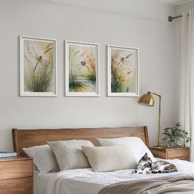 Composizione di quadri Libellule, pittura ad acquerello sull'erba