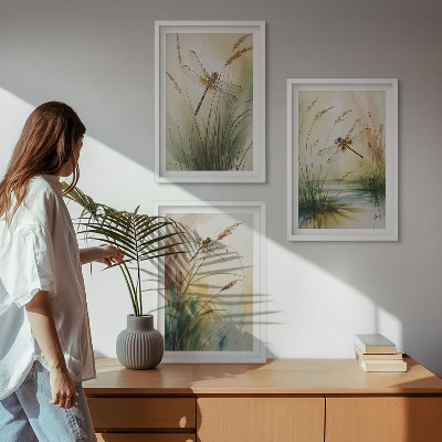Composizione di quadri Libellule, pittura ad acquerello sull'erba