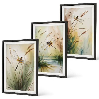 Composizione di quadri Libellule, pittura ad acquerello sull'erba