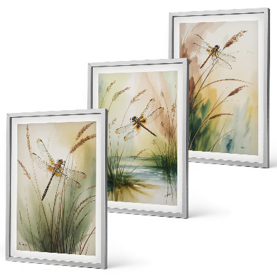 Composizione di quadri Libellule, pittura ad acquerello sull'erba