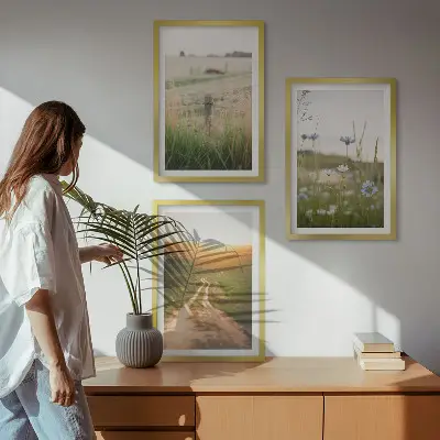 Set di 3 quadri con paesaggio naturale di campi e sentiero