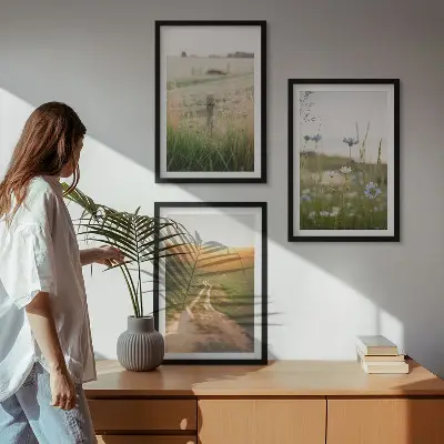 Set di 3 quadri con paesaggio naturale di campi e sentiero