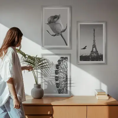 Set di 3 quadri con stampa della Torre Eiffel e ruota panoramica rosa