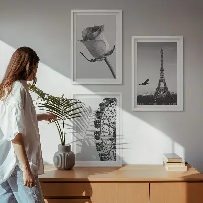 Set di 3 quadri con stampa della Torre Eiffel e ruota panoramica rosa