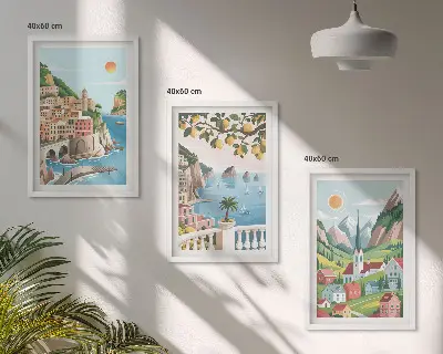 Set di quadri incorniciati con paesaggi, mare e agrumi