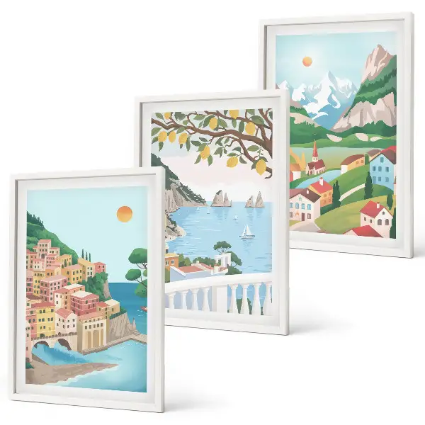 Set di 3 quadri con panorami marini dai toni pastello