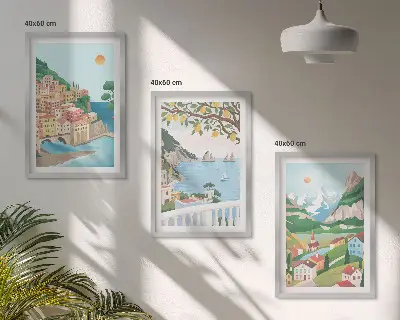 Set di 3 quadri con panorami marini dai toni pastello