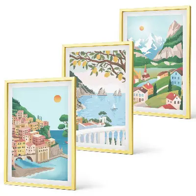 Set di 3 quadri con panorami marini dai toni pastello