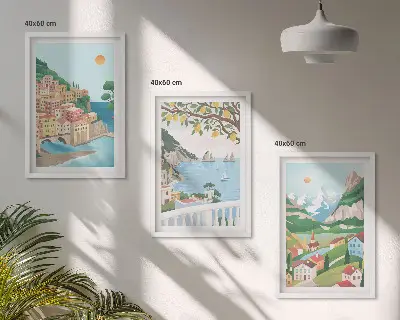Set di 3 quadri con panorami marini dai toni pastello