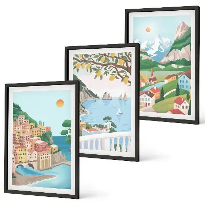 Set di 3 quadri con panorami marini dai toni pastello