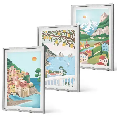 Set di 3 quadri con panorami marini dai toni pastello
