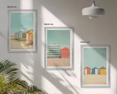 Set di 3 quadri con case colorate, spiaggia e sole