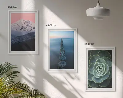 Set di 3 quadri con paesaggio di montagne sotto un cielo rosa e succulenta d'acqua