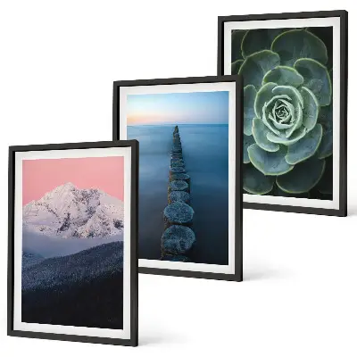 Set di 3 quadri con paesaggio di montagne sotto un cielo rosa e succulenta d'acqua