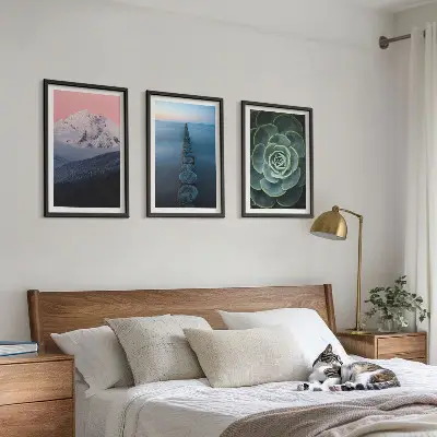 Set di 3 quadri con paesaggio di montagne sotto un cielo rosa e succulenta d'acqua