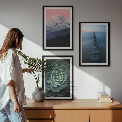 Set di 3 quadri Montagne cielo rosa acqua succulenta