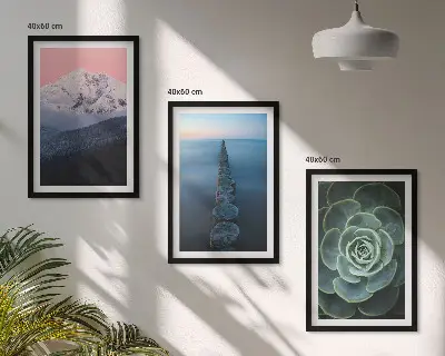 Set di 3 quadri con paesaggio di montagne sotto un cielo rosa e succulenta d'acqua