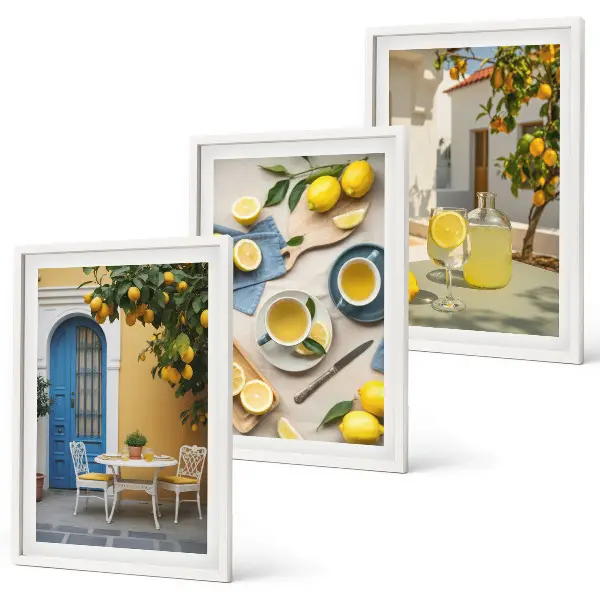 Set di quadri incorniciati con stampa di limoni, limonata e porta blu