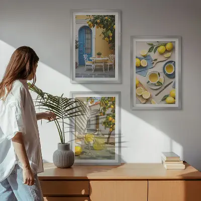 Set di quadri incorniciati con stampa di limoni, limonata e porta blu