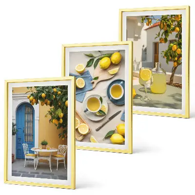 Set di quadri incorniciati con stampa di limoni, limonata e porta blu